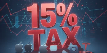 Illustration of 15% corporate minimum tax affecting U.S. tech giants' logos and financial data.