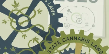 Intertwined gears symbolizing federal and state cannabis regulations for 2026, with a calendar.