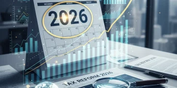 Financial calendar with 2026 highlighted, tax documents, and growth charts