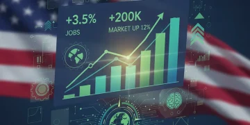 Dynamic economic graphs showing growth and a subtle US flag backdrop.
