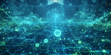 Futuristic digital landscape with patent documents representing 2026 U.S. patent trends and tech innovation.