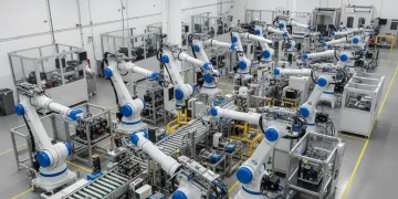 Advanced robotic arms working synergistically on a high-tech manufacturing assembly line in the US, symbolizing a 25% productivity boost.