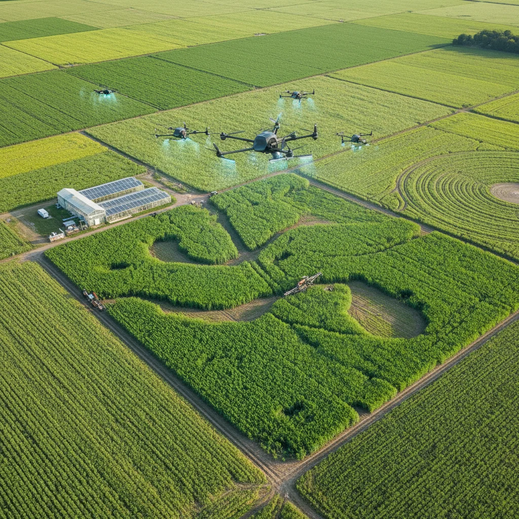 Aerial view of diverse agricultural fields demonstrating enhanced crop growth through synthetic biology and drone monitoring.