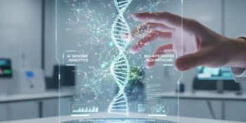 Hand interacting with holographic display showing AI algorithms and biotech structures, symbolizing the convergence of these fields in technological investment.