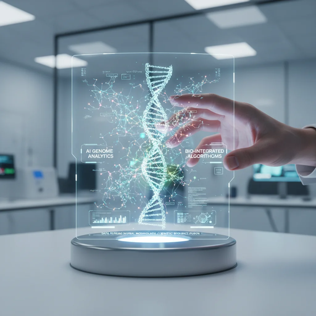 Hand interacting with holographic display showing AI algorithms and biotech structures, symbolizing the convergence of these fields in technological investment.