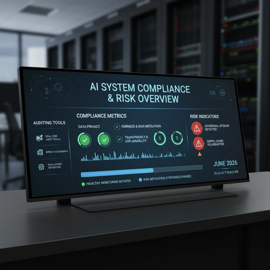 AI compliance dashboard showing risk indicators and progress towards regulatory deadlines