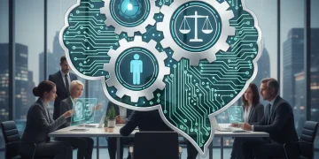Illustration of AI ethics frameworks for US businesses in 2026, showing compliance and responsible tech adoption.