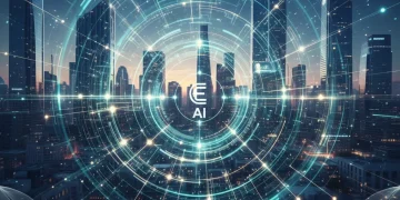 Abstract visual of AI ethics principles guiding data flow in a city, symbolizing responsible tech development.