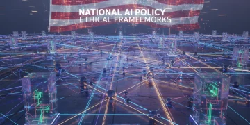 Futuristic digital landscape with US flag hologram representing AI ethics frameworks and policy.