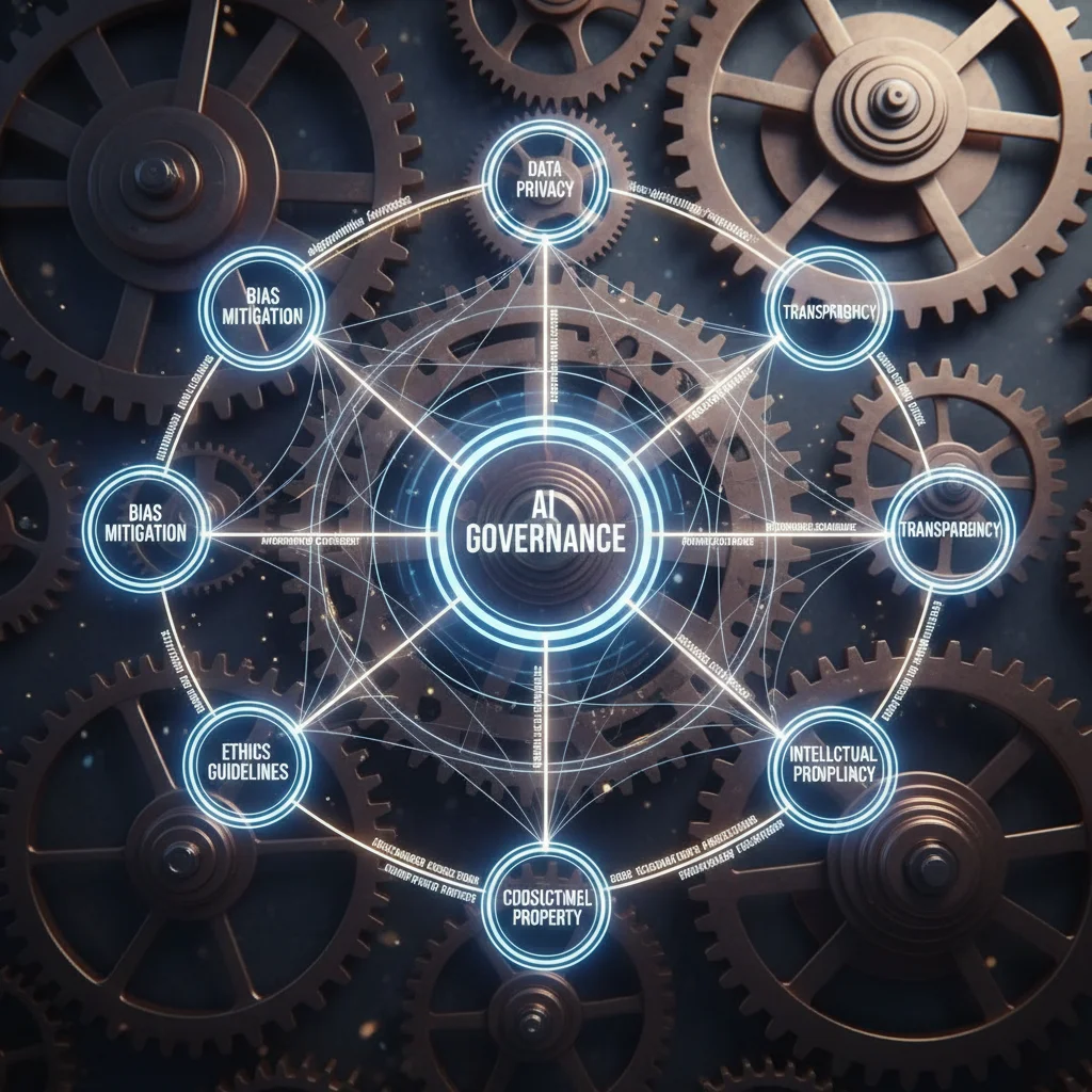 Complex legal framework illustrating key aspects of AI governance and compliance