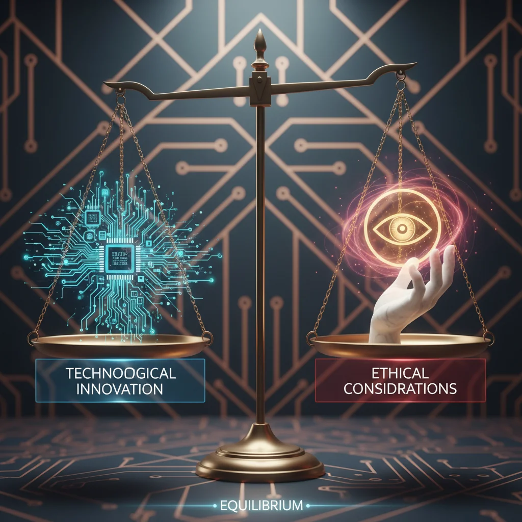 Balanced scale symbolizing ethical considerations versus technological innovation in AI.