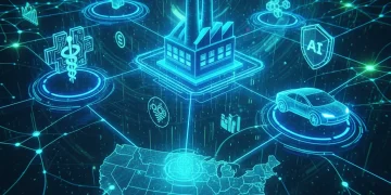 Futuristic digital network connecting various AI investment sectors for US investors