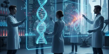 Scientists working with bio-integrated AI in a modern laboratory, analyzing genetic data.