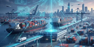 Blockchain technology integrating with a modern U.S. supply chain network for enhanced transparency and efficiency.