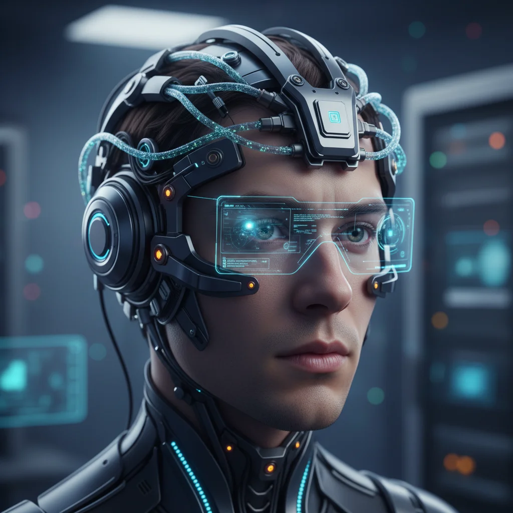 Person wearing advanced BCI headset for direct thought-to-digital interaction.