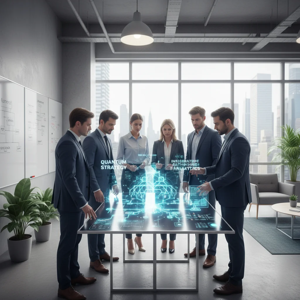 Business team strategizing quantum technology integration with holographic data visualization.