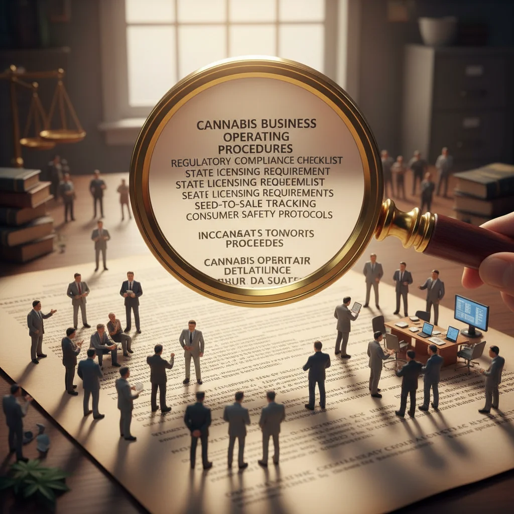 Business professionals reviewing cannabis compliance documents under a magnifying glass.