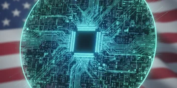 Semiconductor wafer glowing with intricate circuitry, representing advanced manufacturing and CHIPS Act investment in the US.