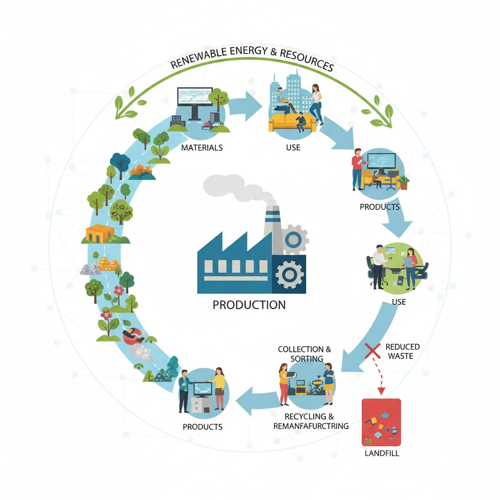 Circular economy model illustrating waste reduction and material recycling in manufacturing