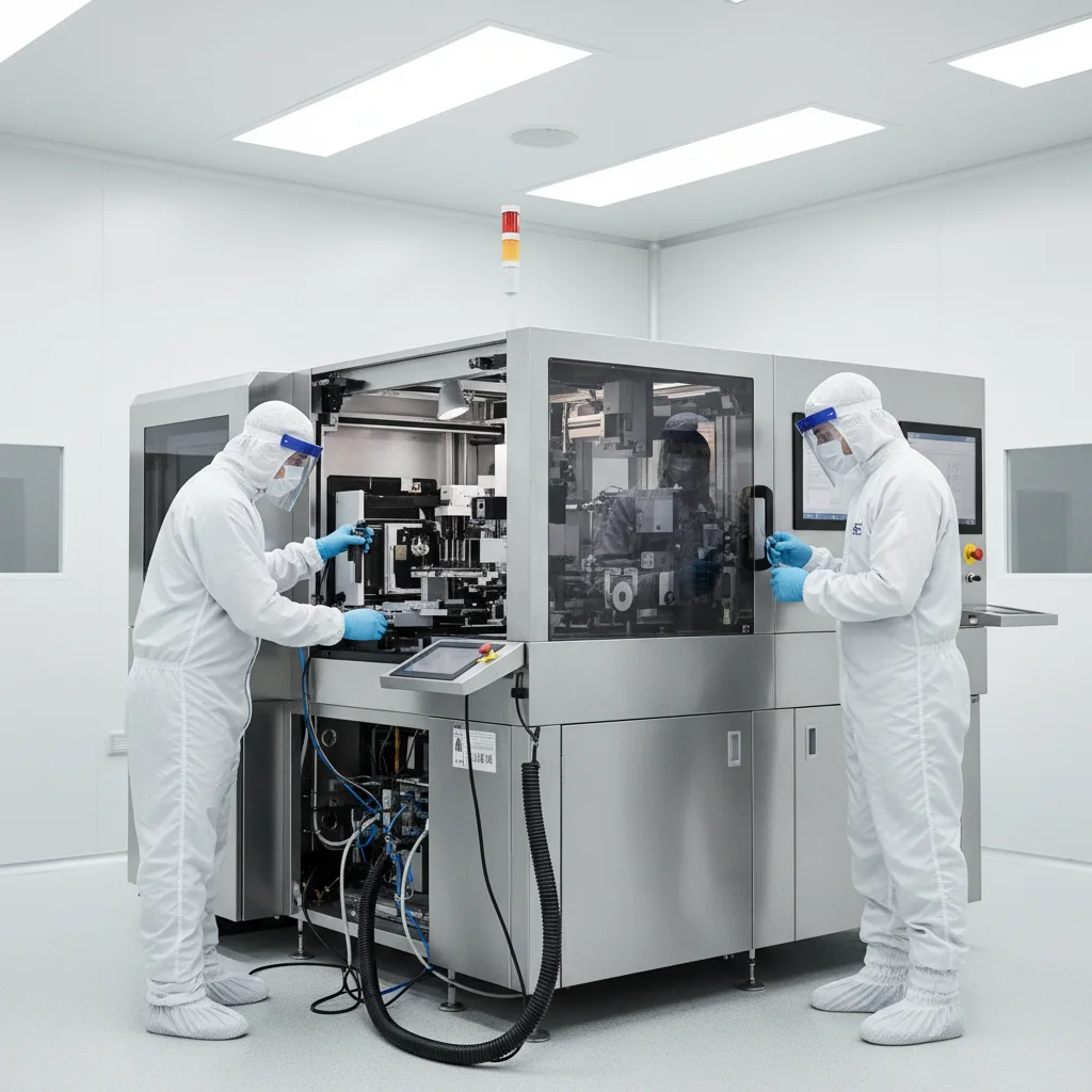 Engineers in cleanroom examining advanced semiconductor manufacturing equipment.