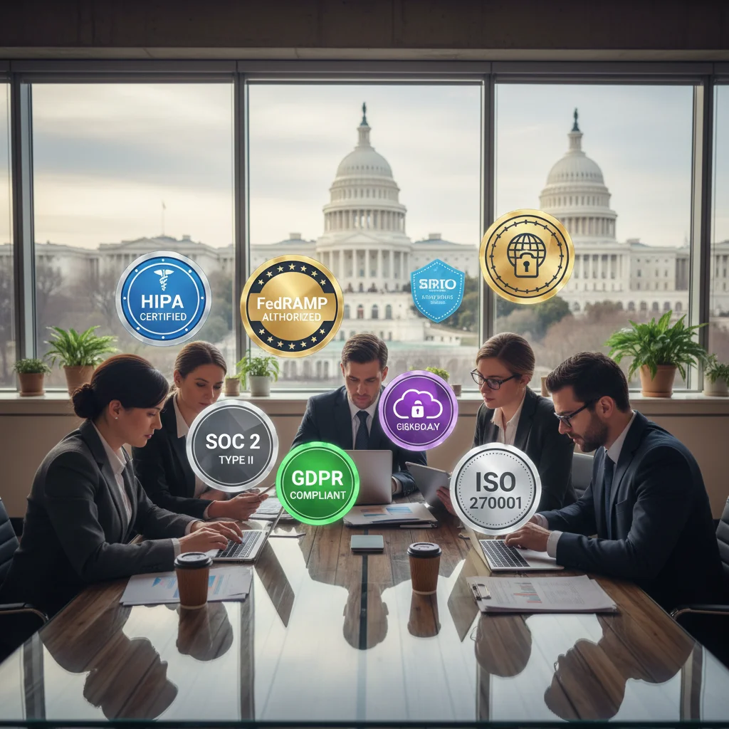 Visualizing various compliance certifications and regulatory standards relevant to cloud services for U.S. enterprise.