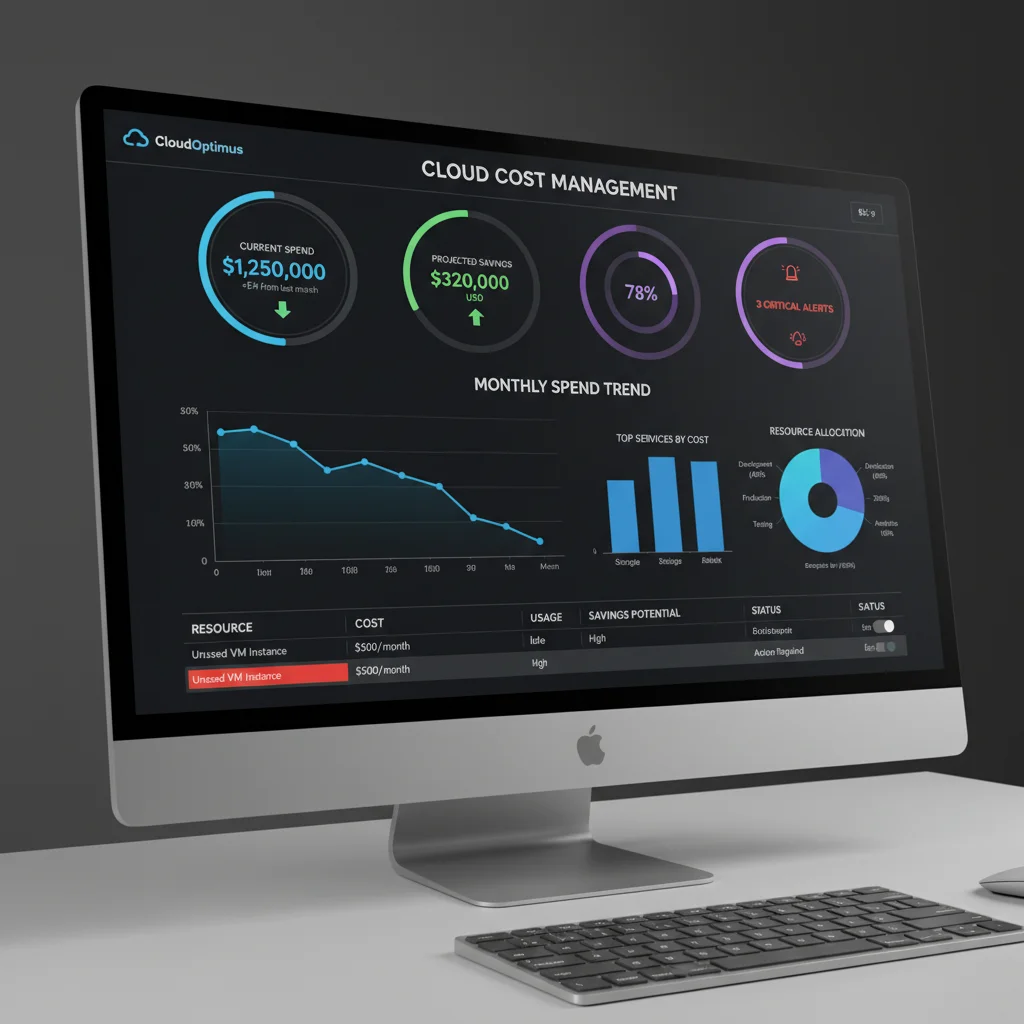 Cloud cost management dashboard displaying real-time financial metrics and resource utilization.