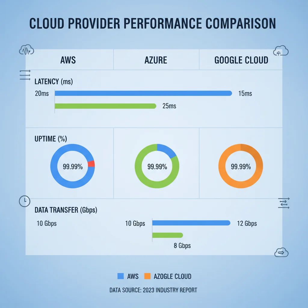 Infographic comparing performance metrics of leading U.S. cloud providers: AWS, Azure, and Google Cloud.