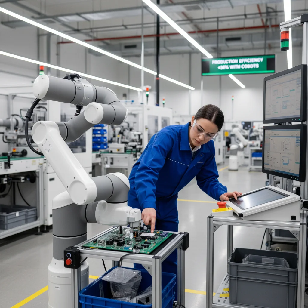 Collaborative robot assisting a human worker on a production line, highlighting human-robot synergy in modern manufacturing.