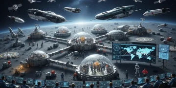 Commercial space economy with satellites, lunar outpost, and mission control