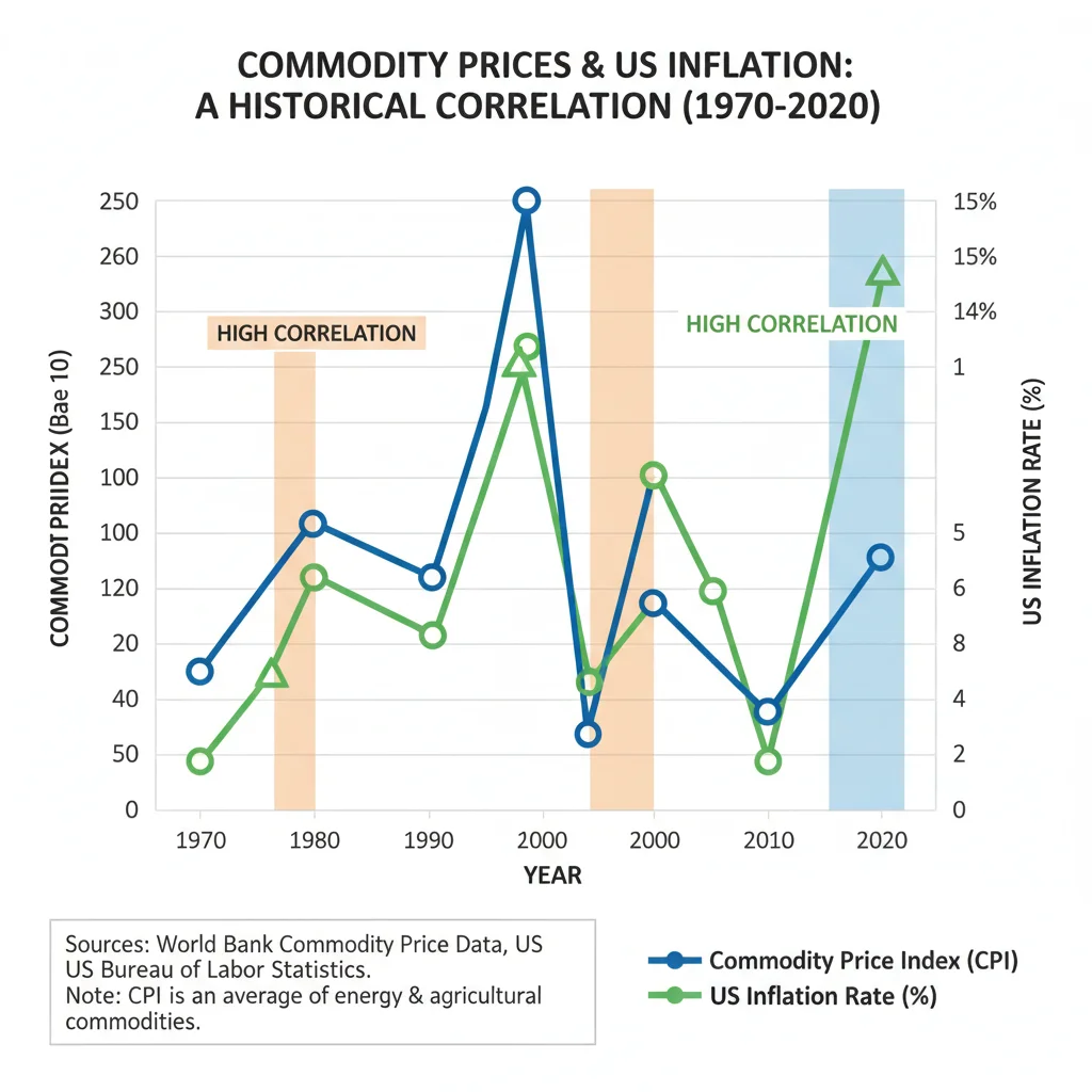 Infographic showing historical correlation between commodity prices and US inflation rates.