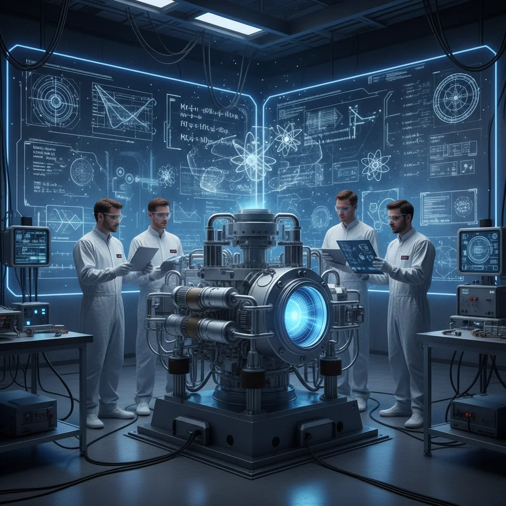 Engineers examining a compact nuclear fusion reactor prototype in a lab.