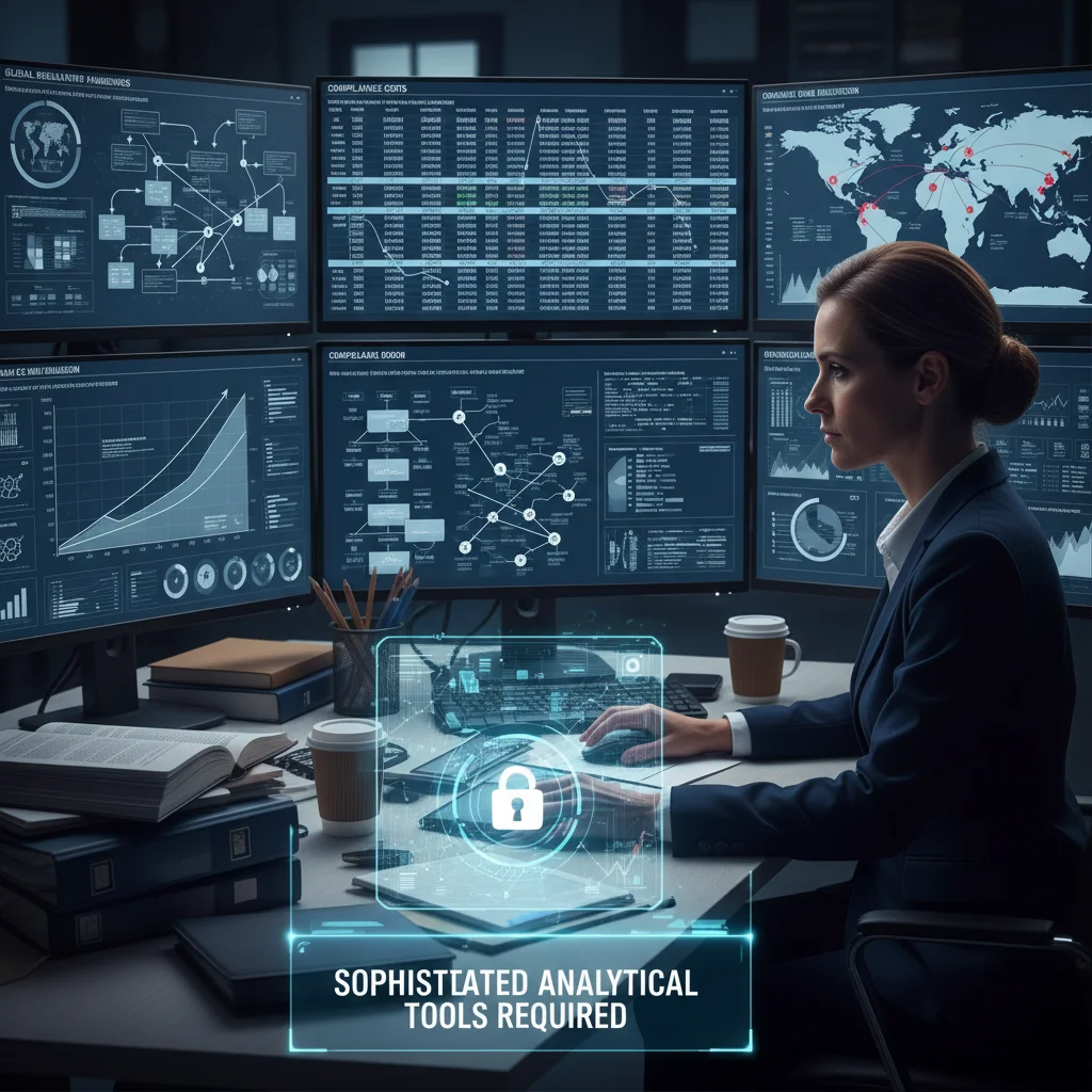 Compliance officer reviewing complex financial regulations and data