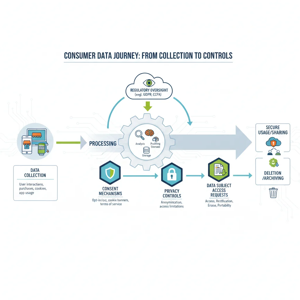 Infographic showing data flow with privacy controls, consent, and access requests, representing CDPA compliance processes.
