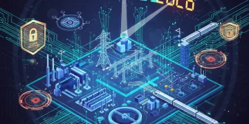 Digital overlay on critical infrastructure showing cybersecurity protection and a clock for 2026 compliance.