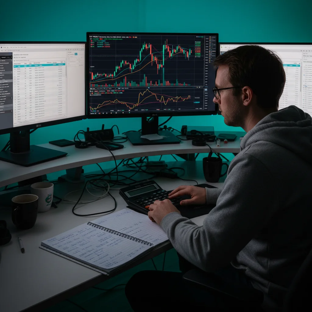 Individual managing cryptocurrency portfolio and tax records on multiple screens