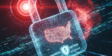 Digital padlock on circuit board with alarm, symbolizing cybersecurity incident response in U.S. tech.