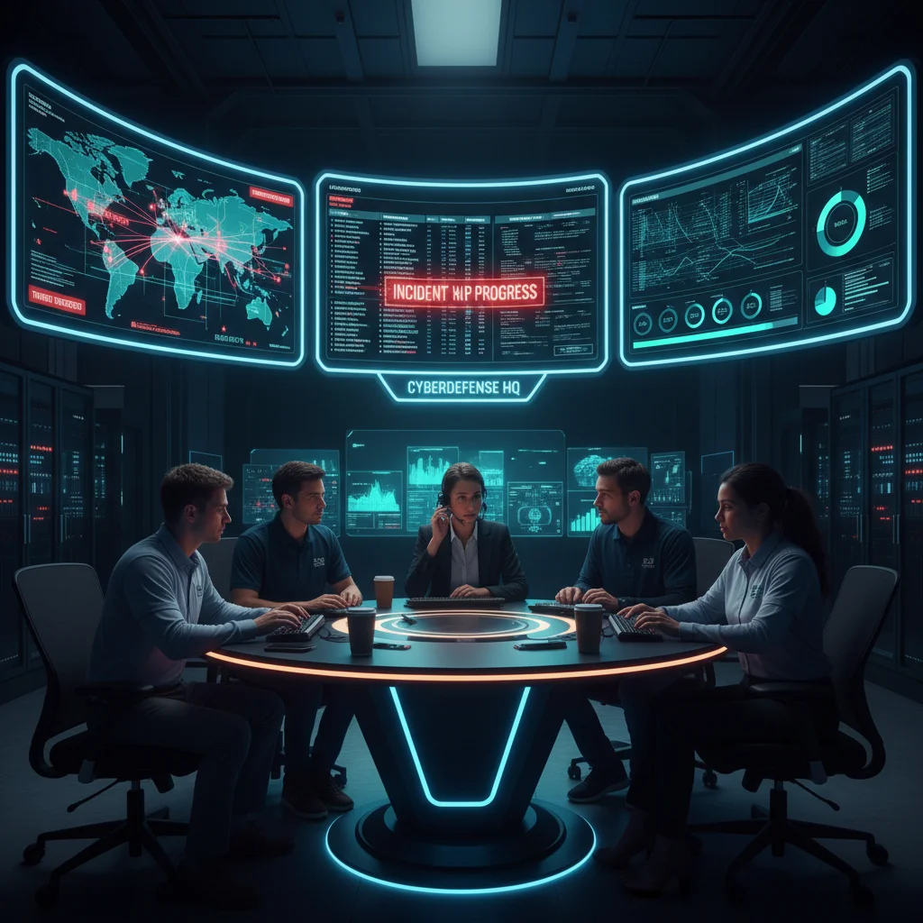 Cybersecurity team in a SOC monitoring threats and collaborating on incident response.