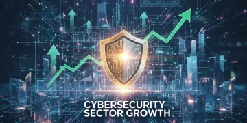 Futuristic digital security landscape with financial growth charts and a shield icon