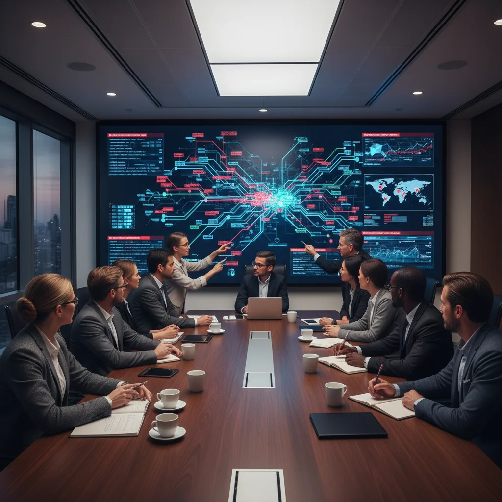 Business professionals analyzing cybersecurity threat intelligence on a large screen