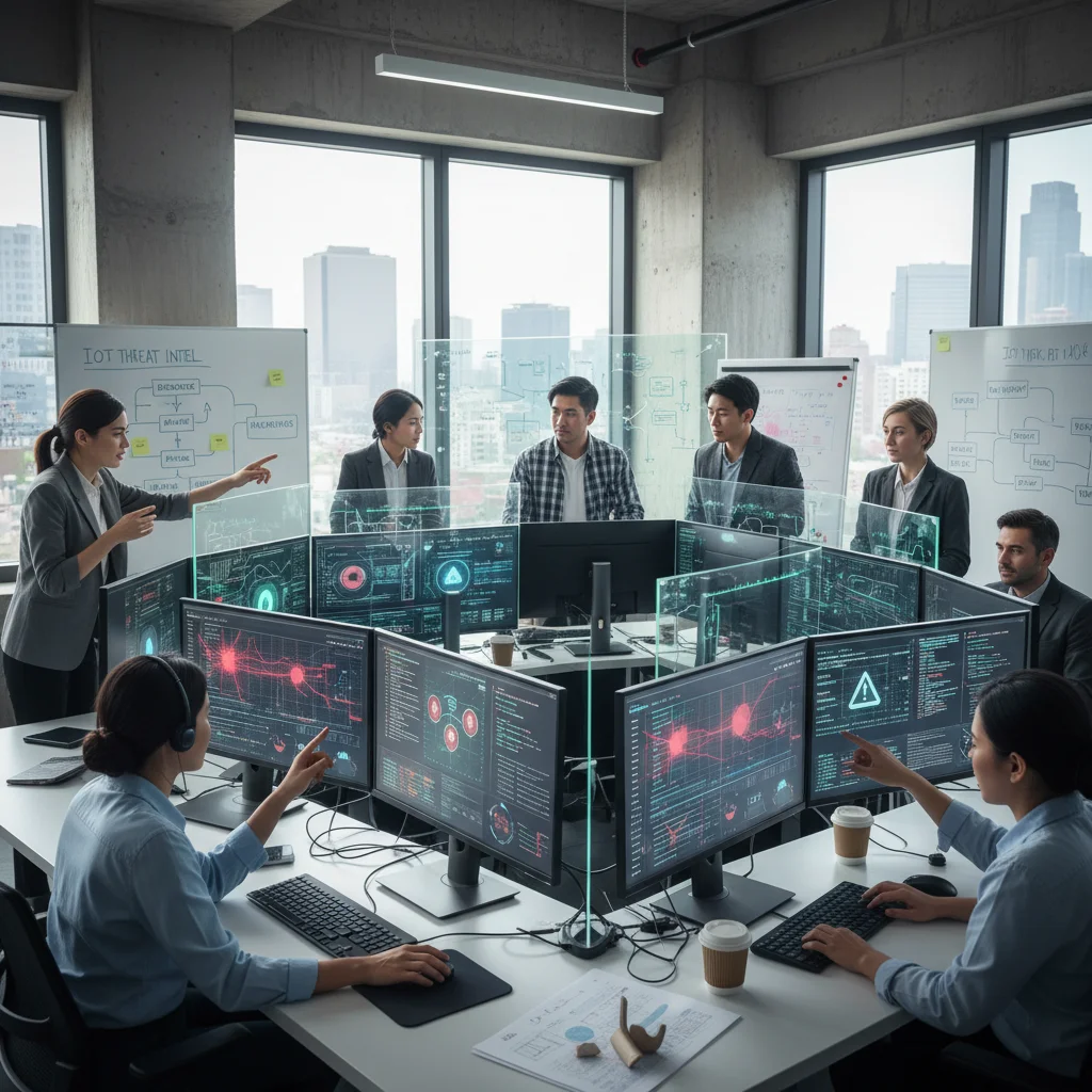 Cybersecurity team collaborating on threat intelligence and incident response for IoT devices.