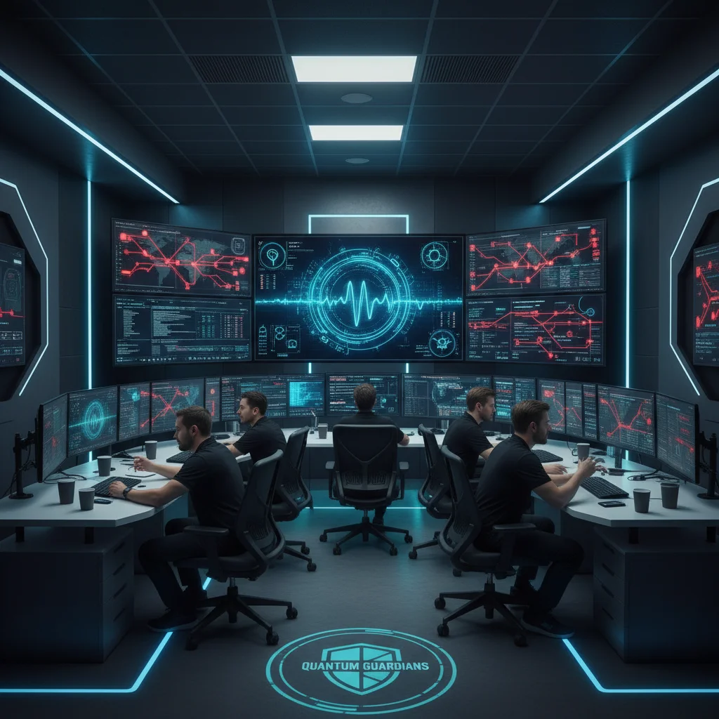 Cybersecurity team collaborating on quantum threat analysis
