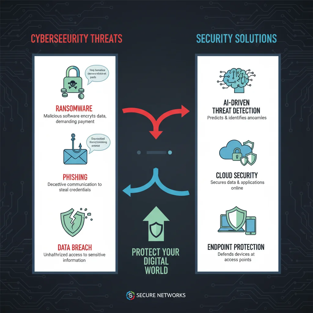 Infographic detailing cybersecurity threats and their respective solutions