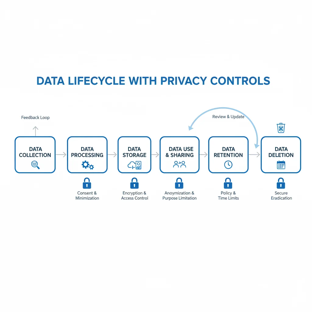 Data lifecycle flowchart with privacy controls, demonstrating compliance steps for businesses.
