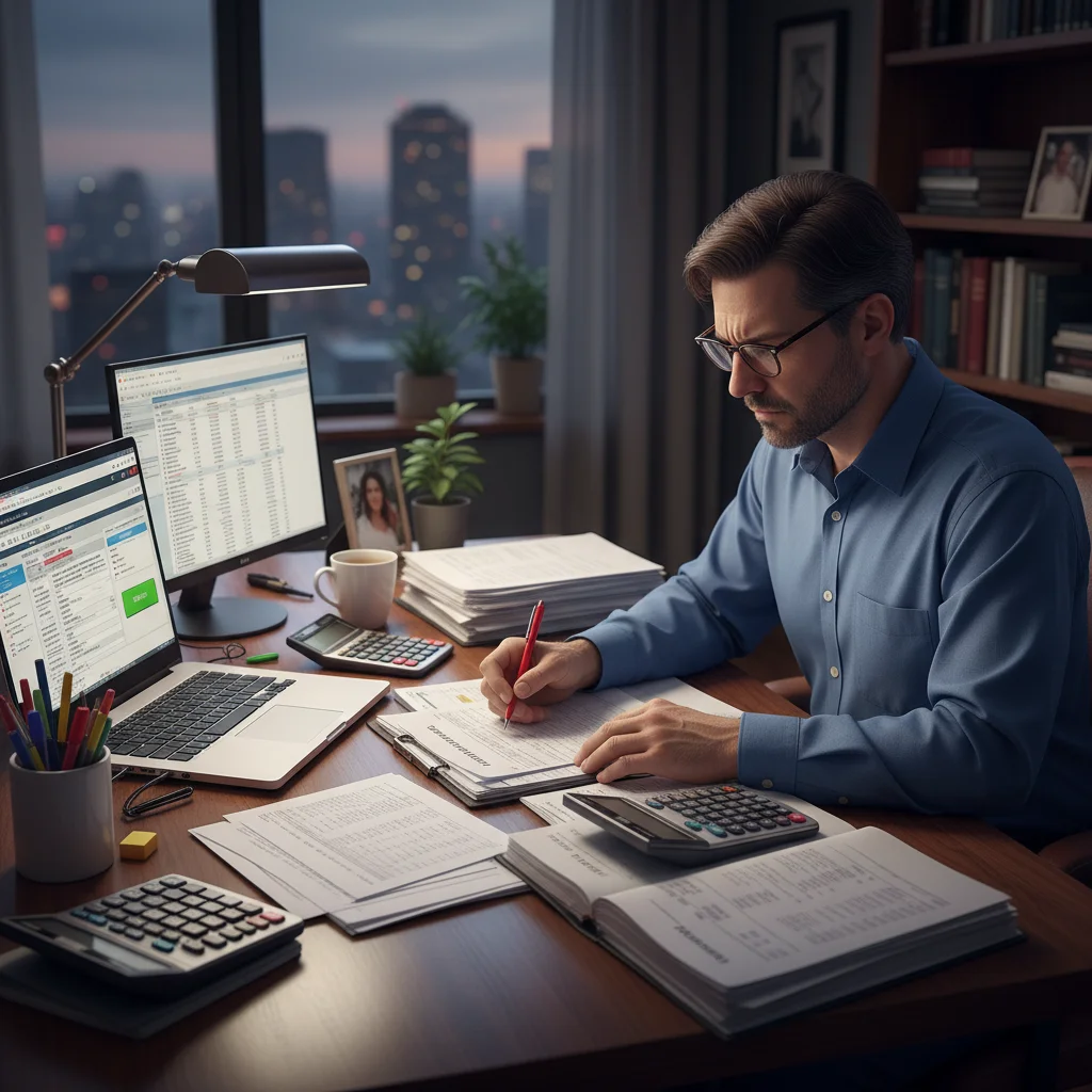 Person analyzing tax documents and financial statements for planning