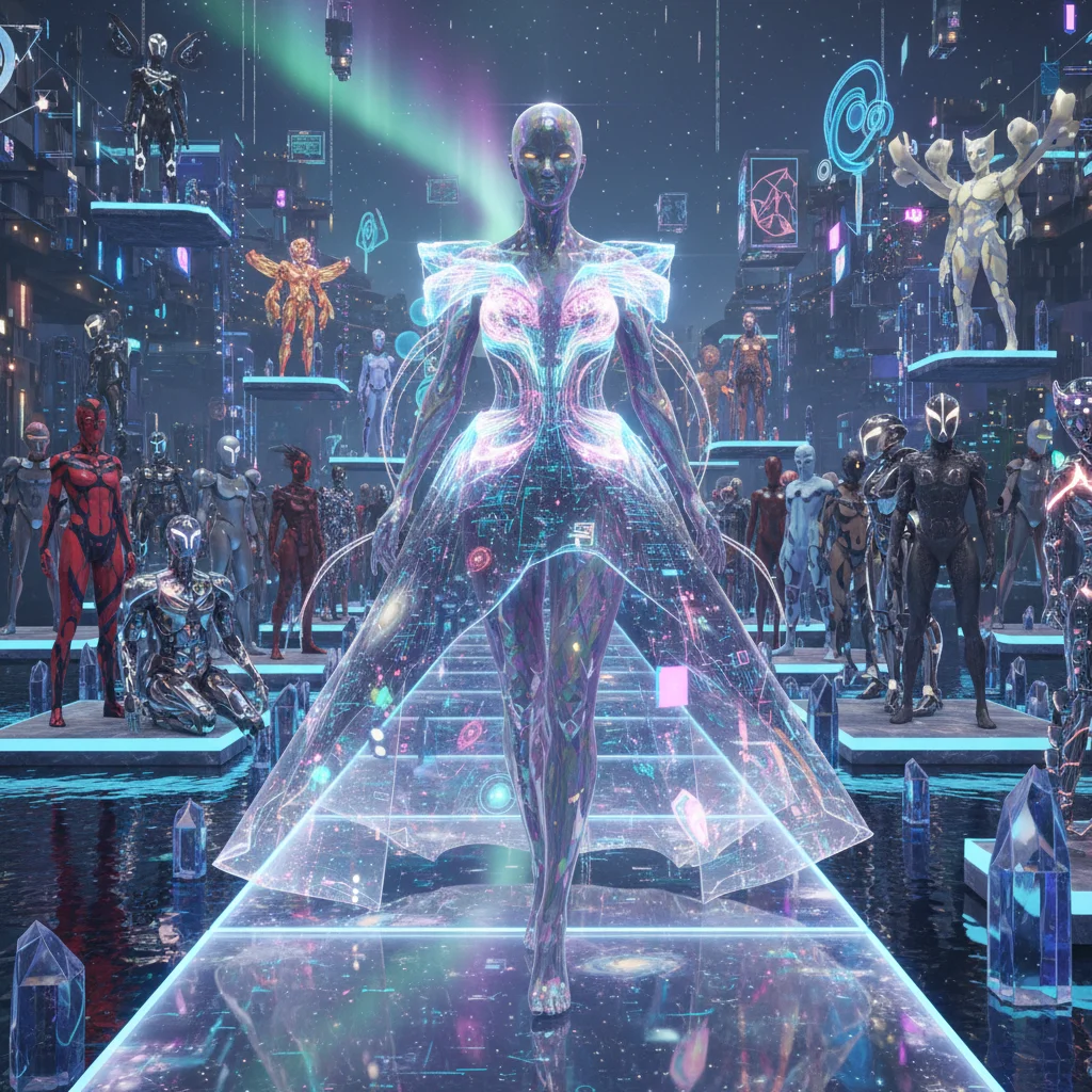 Digital avatar modeling futuristic virtual fashion on a metaverse runway.