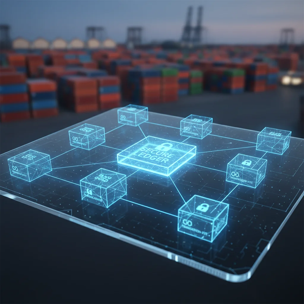 Digital ledger showing secure blockchain data blocks for supply chain