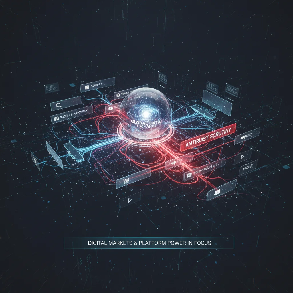 Digital network illustrating data flow and potential antitrust issues in tech markets