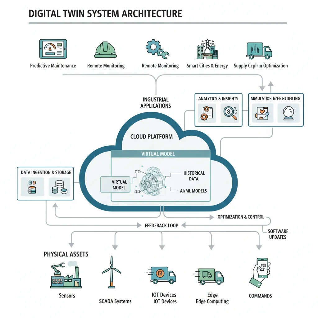 Architecture of a digital twin system with data flow and analytics