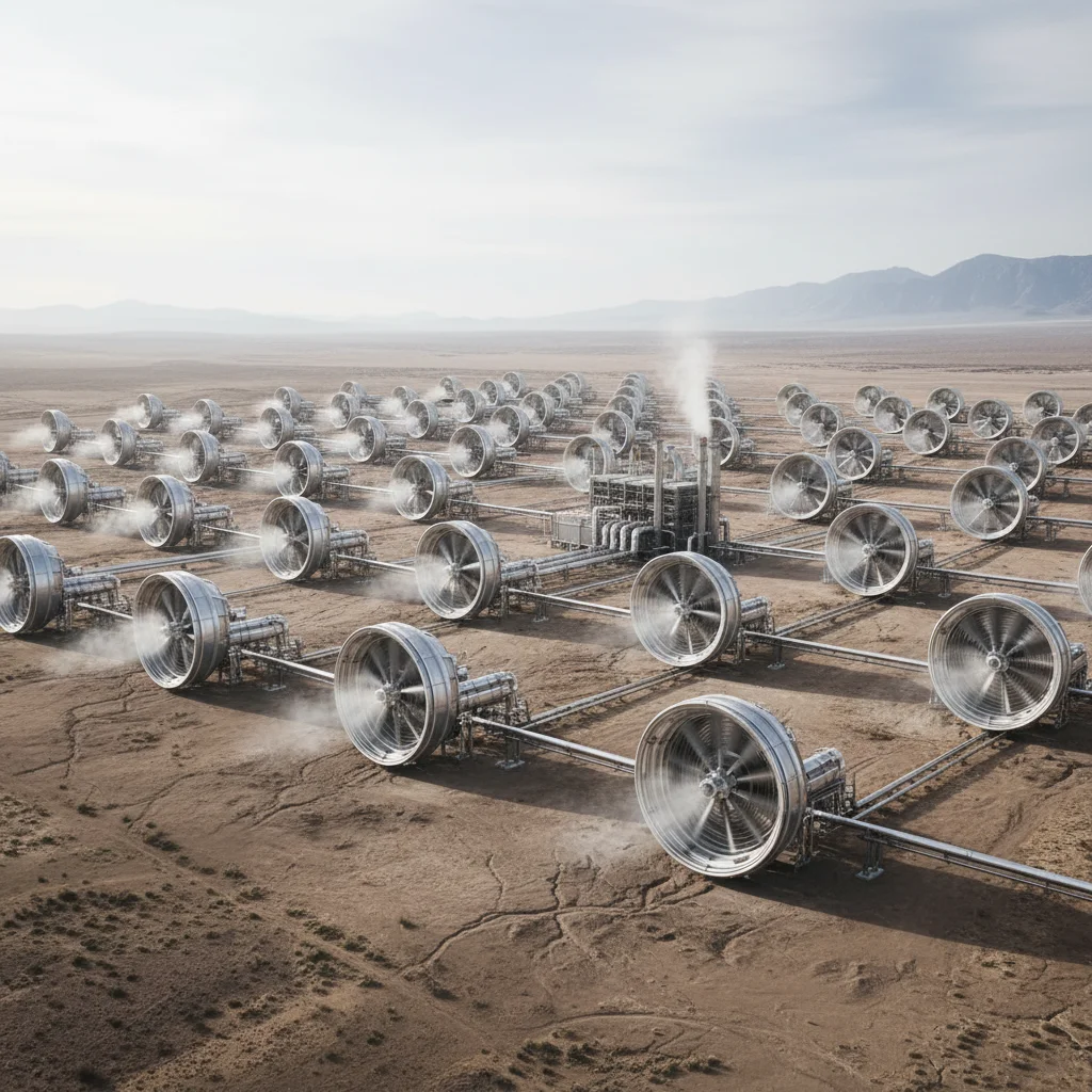 Aerial view of a direct air capture facility with large CO2 capturing structures.