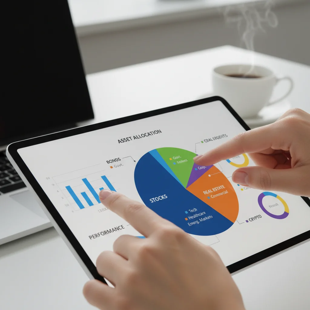 Diversified investment portfolio on tablet, strategic asset allocation